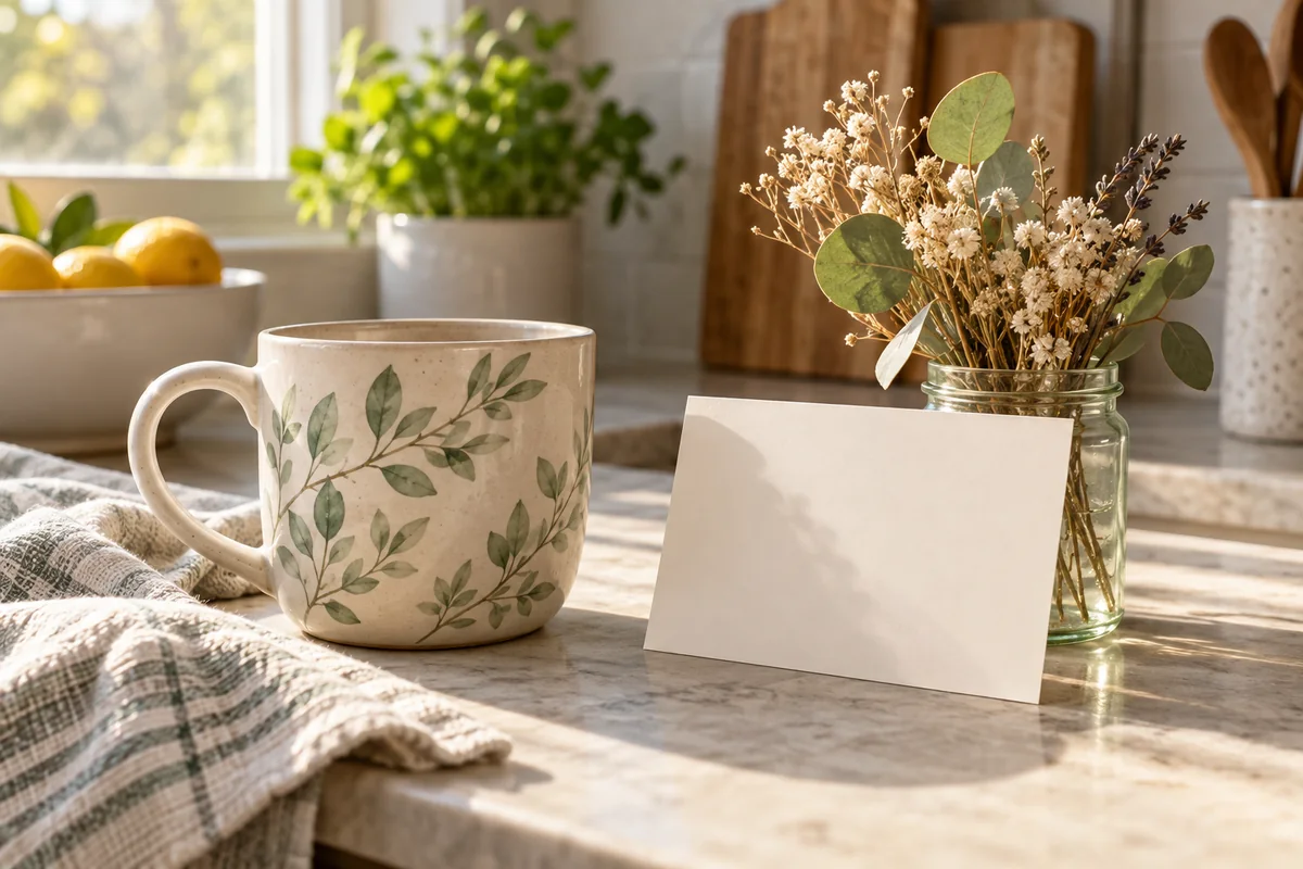 A mug with a nest design beside a blank card on a kitchen counter