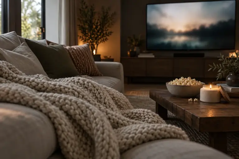 A chunky knit throw on a sofa with a candle on a low table and a bowl of popcorn in front of a dim television.