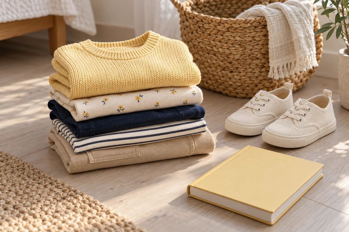 A small stack of folded everyday clothes beside a woven basket and a pair of canvas shoes.