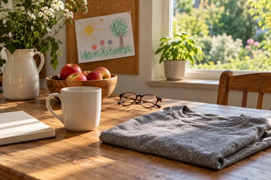 A mug and a folded tee on a kitchen table beside a child's crayon drawing and reading glasses.