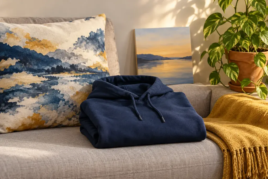 A hoodie, a pillow and a small framed print arranged on a sofa with a plant beside them