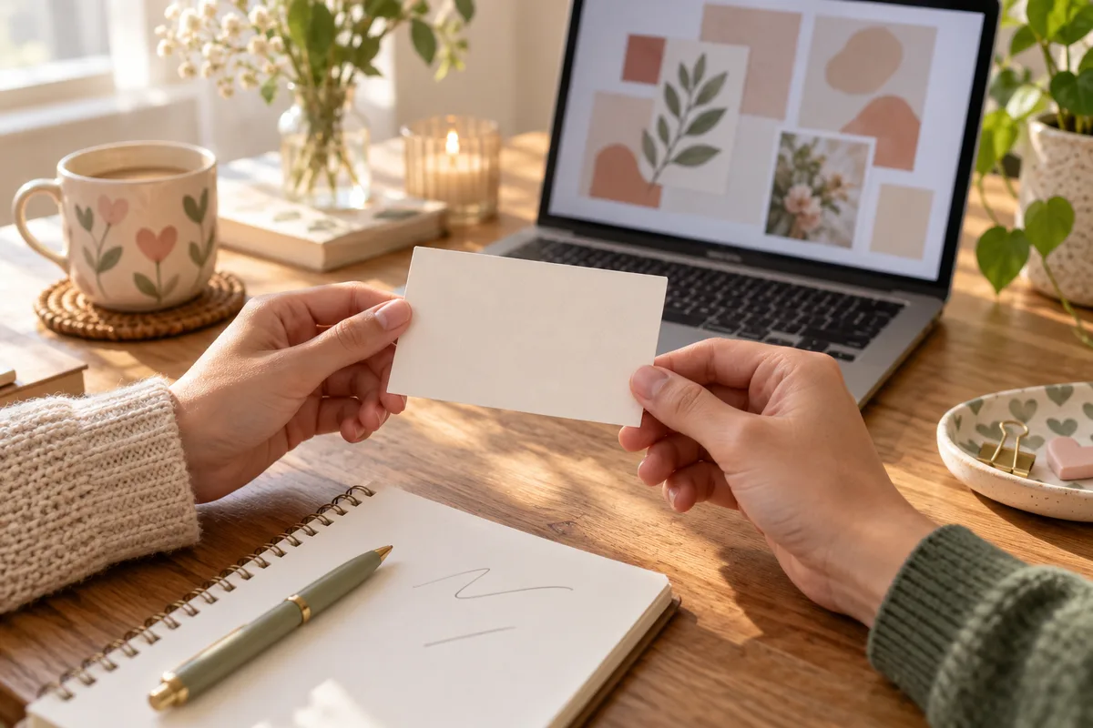 A pair of hands holding a blank card over a table with a laptop preview