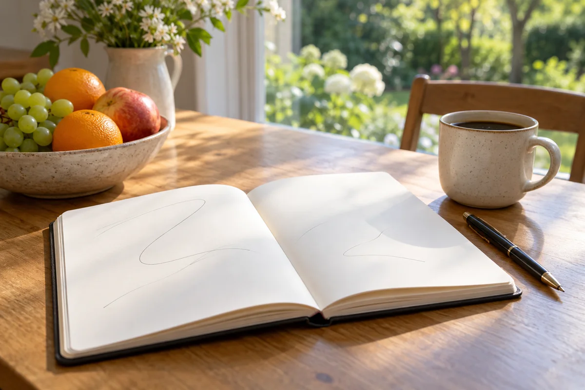 A notebook, a pen and a cup of coffee on a sunny kitchen table.