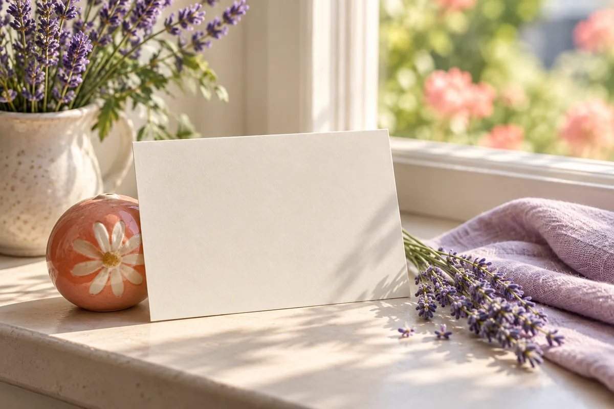A blank card and a small ornament on a sunlit windowsill beside a sprig of lavender.