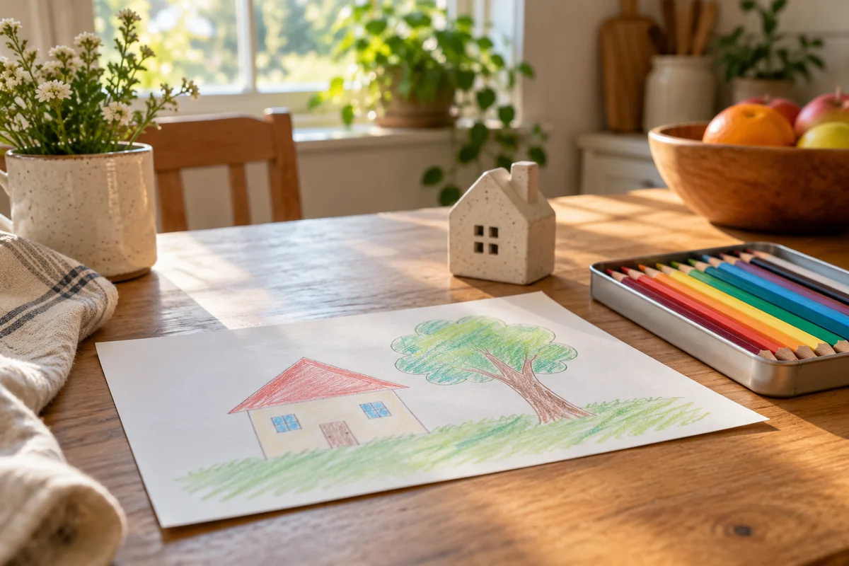 A child-sized hand-drawn picture on a table beside a small ornament and a pencil case.