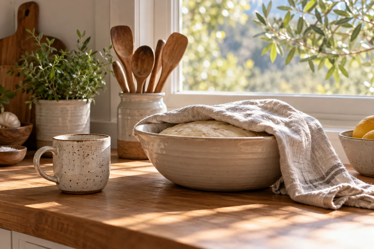 A speckled mug on a kitchen counter next to a bowl of dough covered with a cloth.