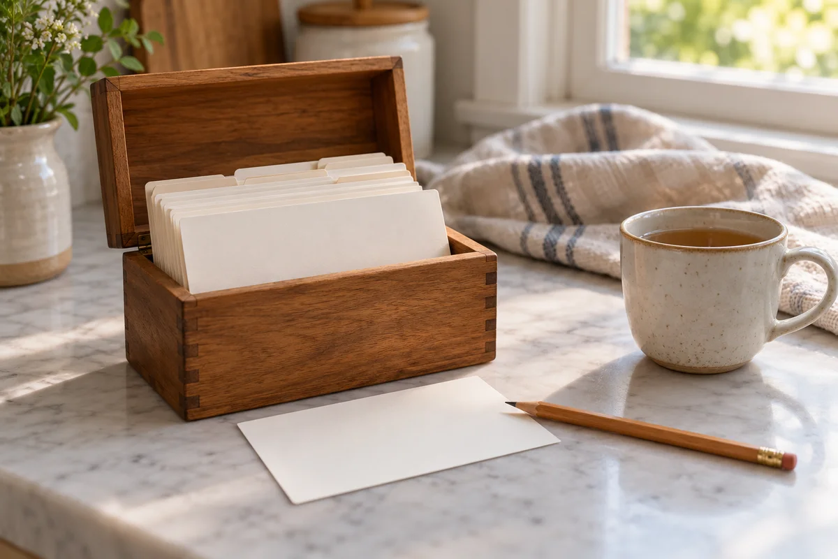 An open recipe box with blank cards and a pencil beside a cup of tea.