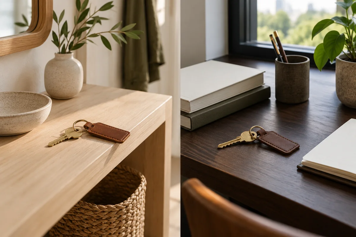 Two sets of keys with small tags on tables in two different rooms.
