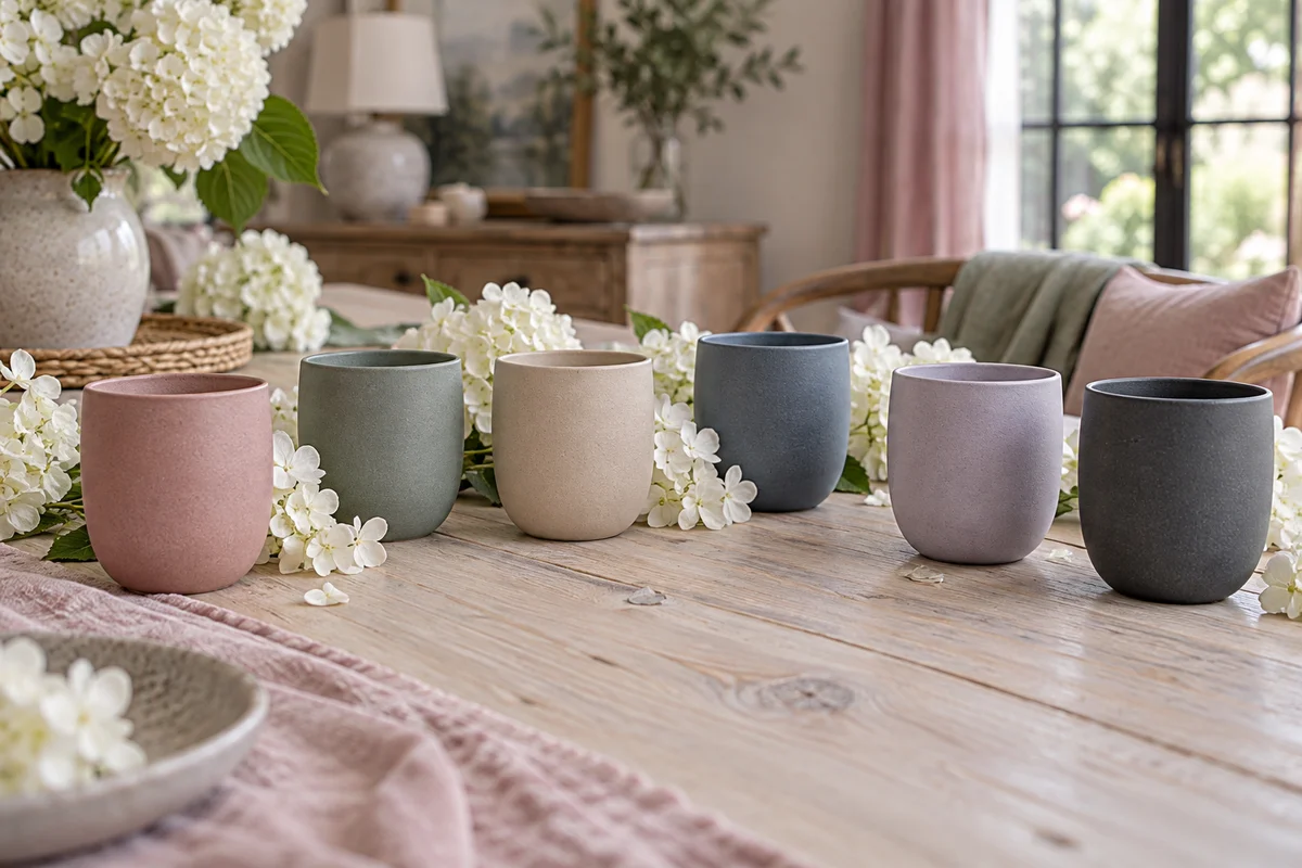 Six plain tumblers in six different soft colors lined up on a long table.