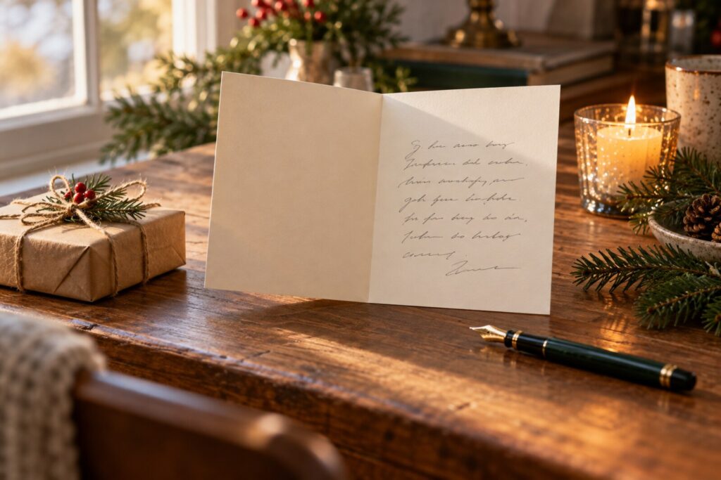 A hand-written Christmas card beside a wrapped gift, a pen and a sprig of fir.