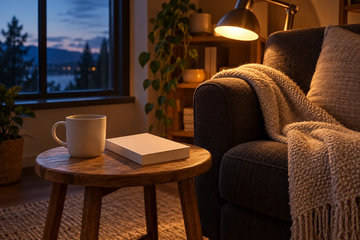 A plain mug on a stool beside a reading lamp and a folded blanket.