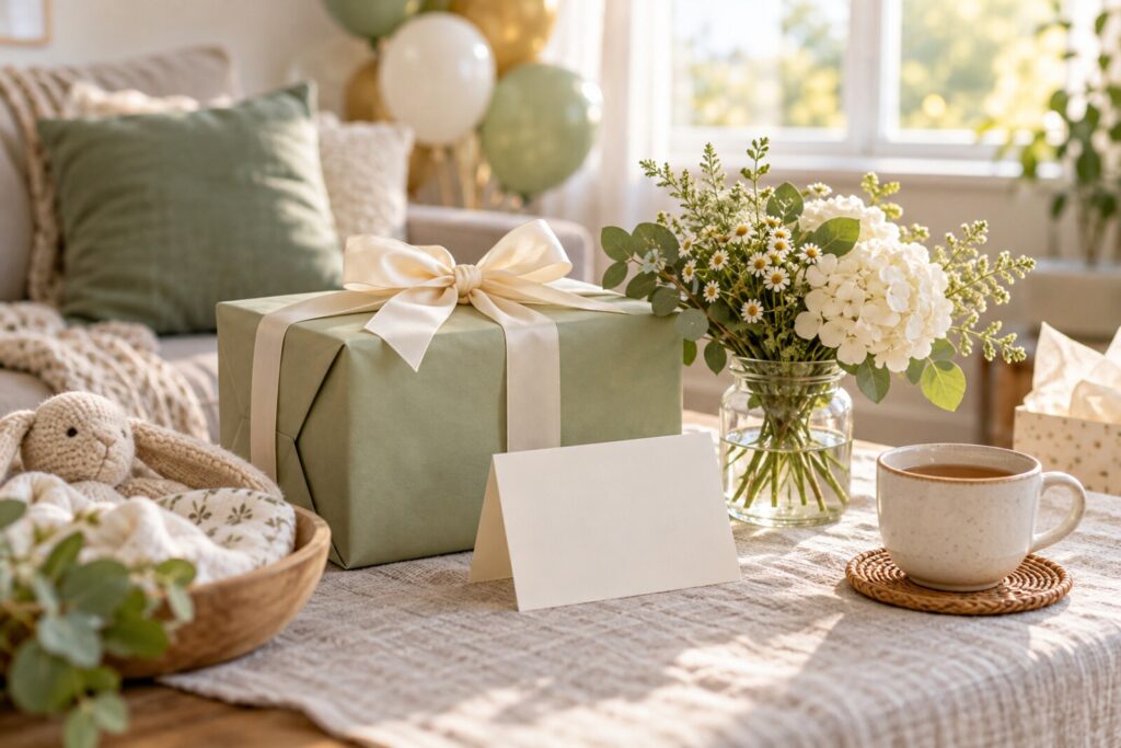 A shower table with a wrapped gift, a small bouquet, a blank folded card and a cup of tea.