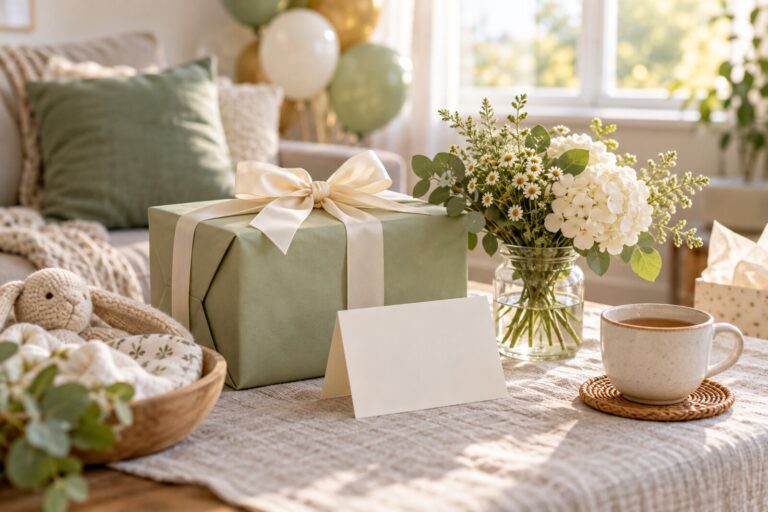 A shower table with a wrapped gift, a small bouquet, a blank folded card and a cup of tea.