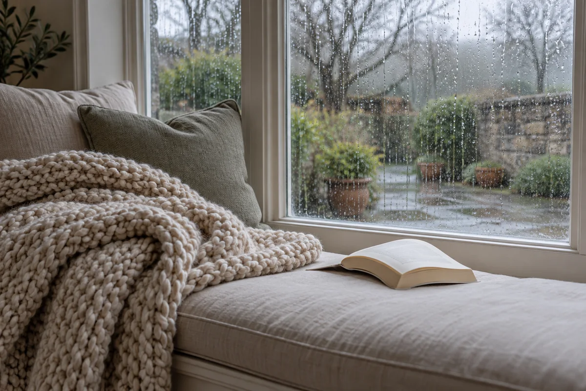 A folded chunky knit throw across a window seat with a book lying open face down beside it.