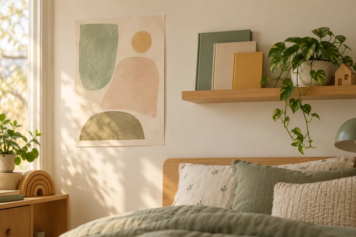 A child's bedroom wall with a plain unframed poster and a small shelf of books.