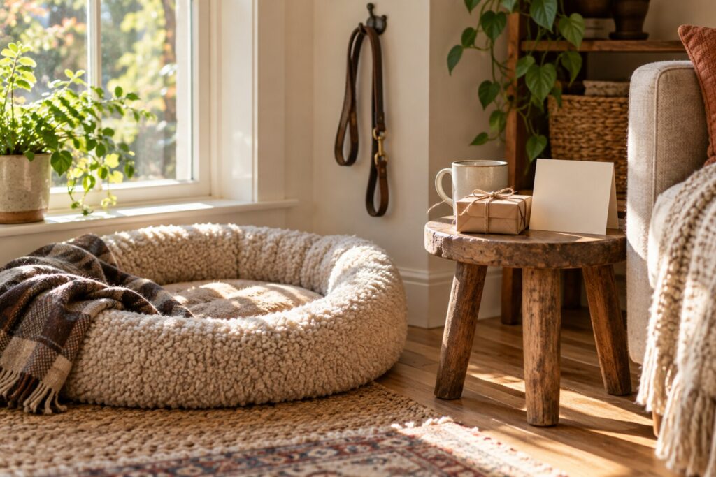 A dog bed by a window with a small wrapped gift, a mug and a blank card on a stool.