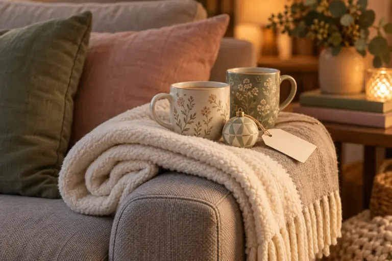 A folded blanket, a mug and a small ornament on a shared sofa arm in warm evening light.