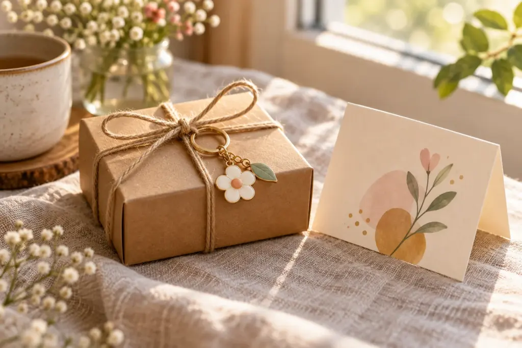 A small kraft gift box with a keychain and a blank card on a cloth