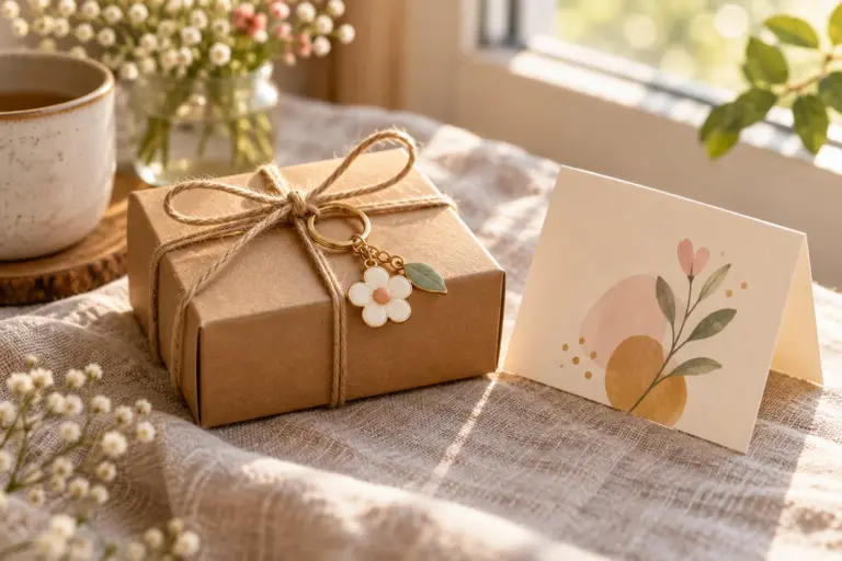 A small kraft gift box with a keychain and a blank card on a cloth