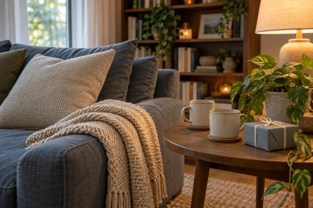 A sofa corner with a folded throw, two plain mugs and a small wrapped gift on a side table.
