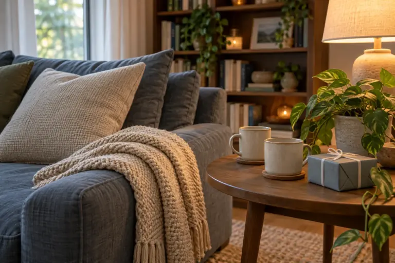 A sofa corner with a folded throw, two plain mugs and a small wrapped gift on a side table.