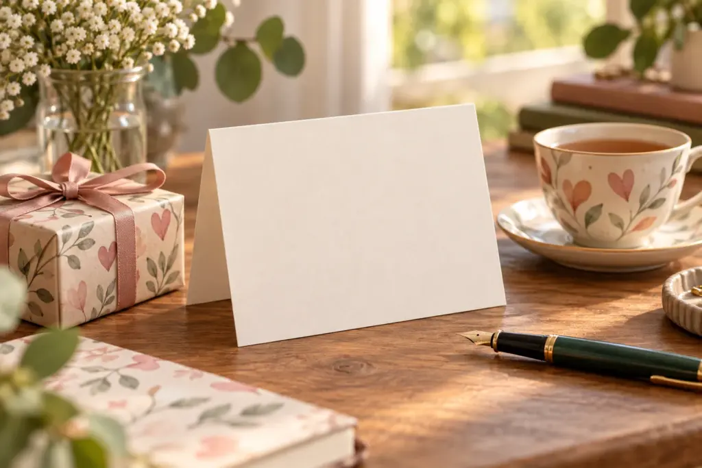 A blank folded card, a pen and a small gift on a desk