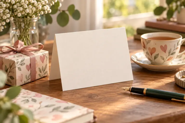 A blank folded card, a pen and a small gift on a desk