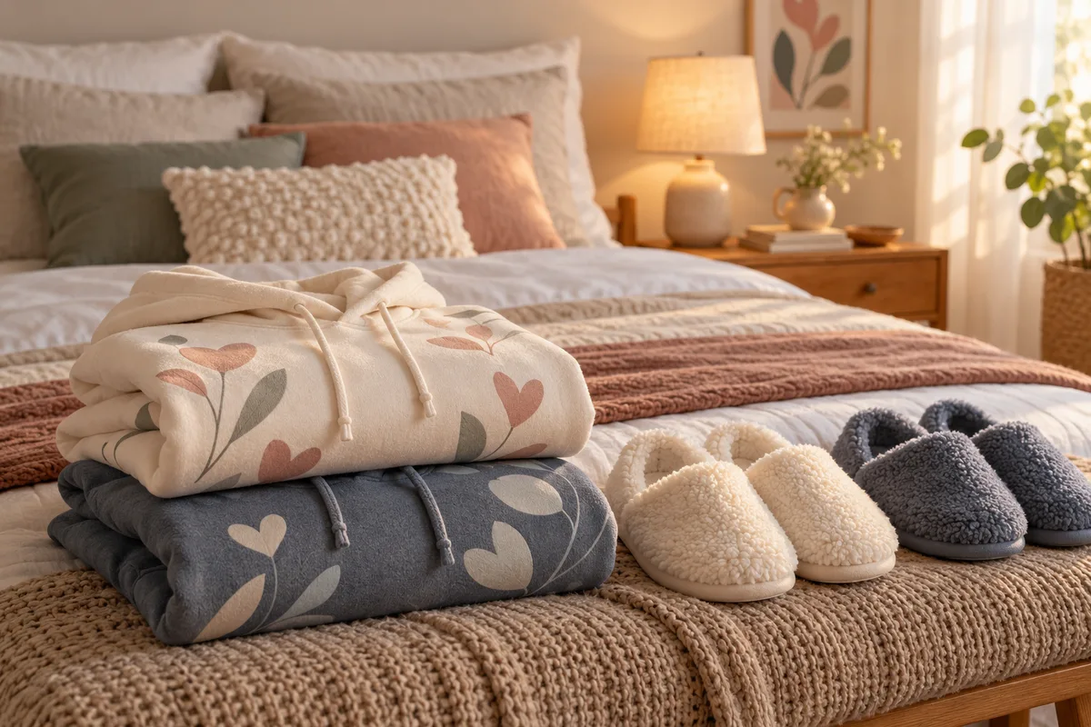 Two folded hoodies stacked on a bed with a pair of slippers