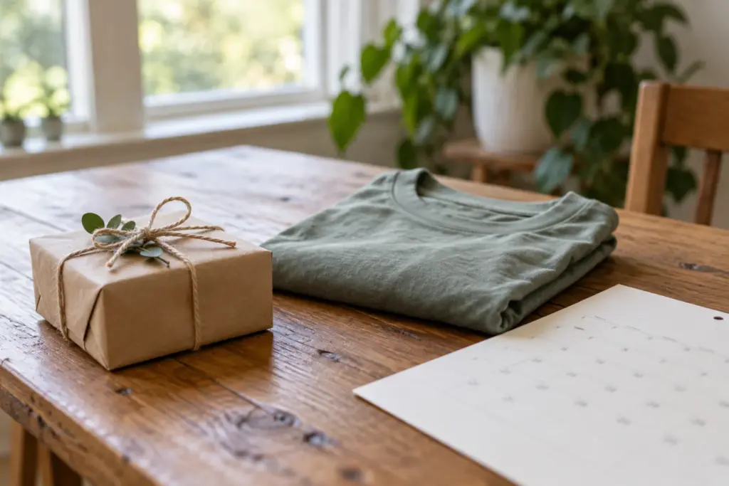 A small wrapped gift, a folded tee and a vintage-style calendar page on a table.