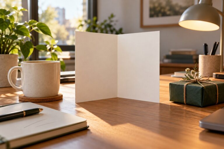 A blank farewell card beside a mug and a small wrapped gift on an office desk.