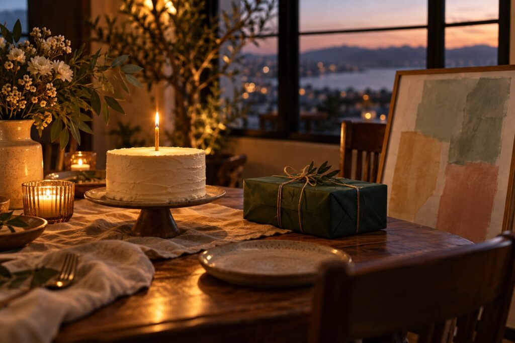 A birthday table with a wrapped gift, a framed print on an easel and a small cake with one candle.