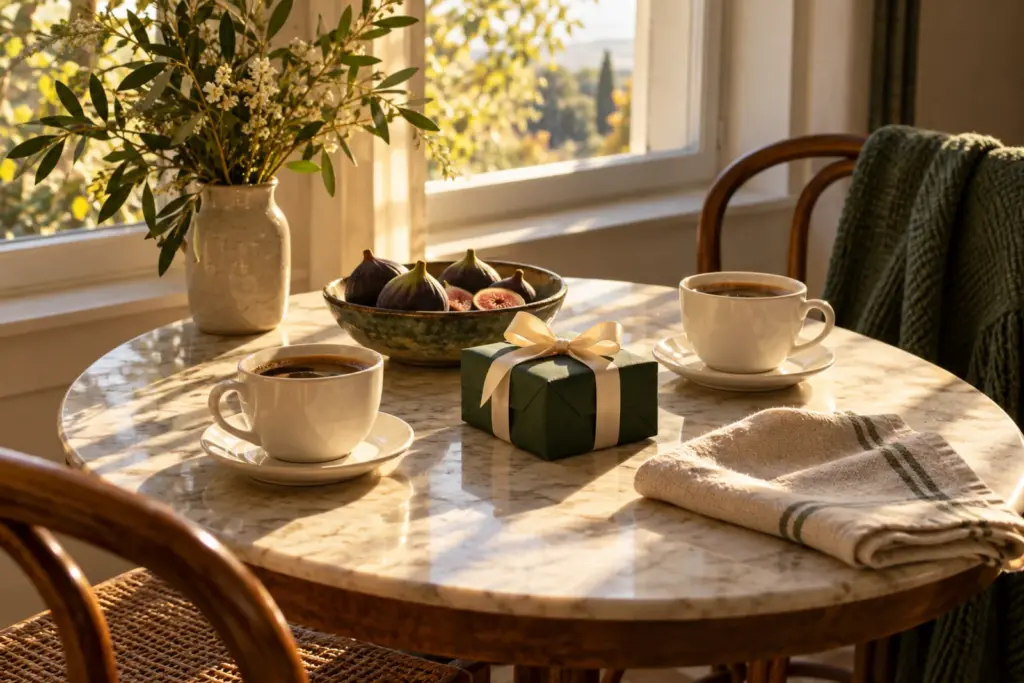Two cups of coffee and a small wrapped gift on a breakfast table by a sunny window.