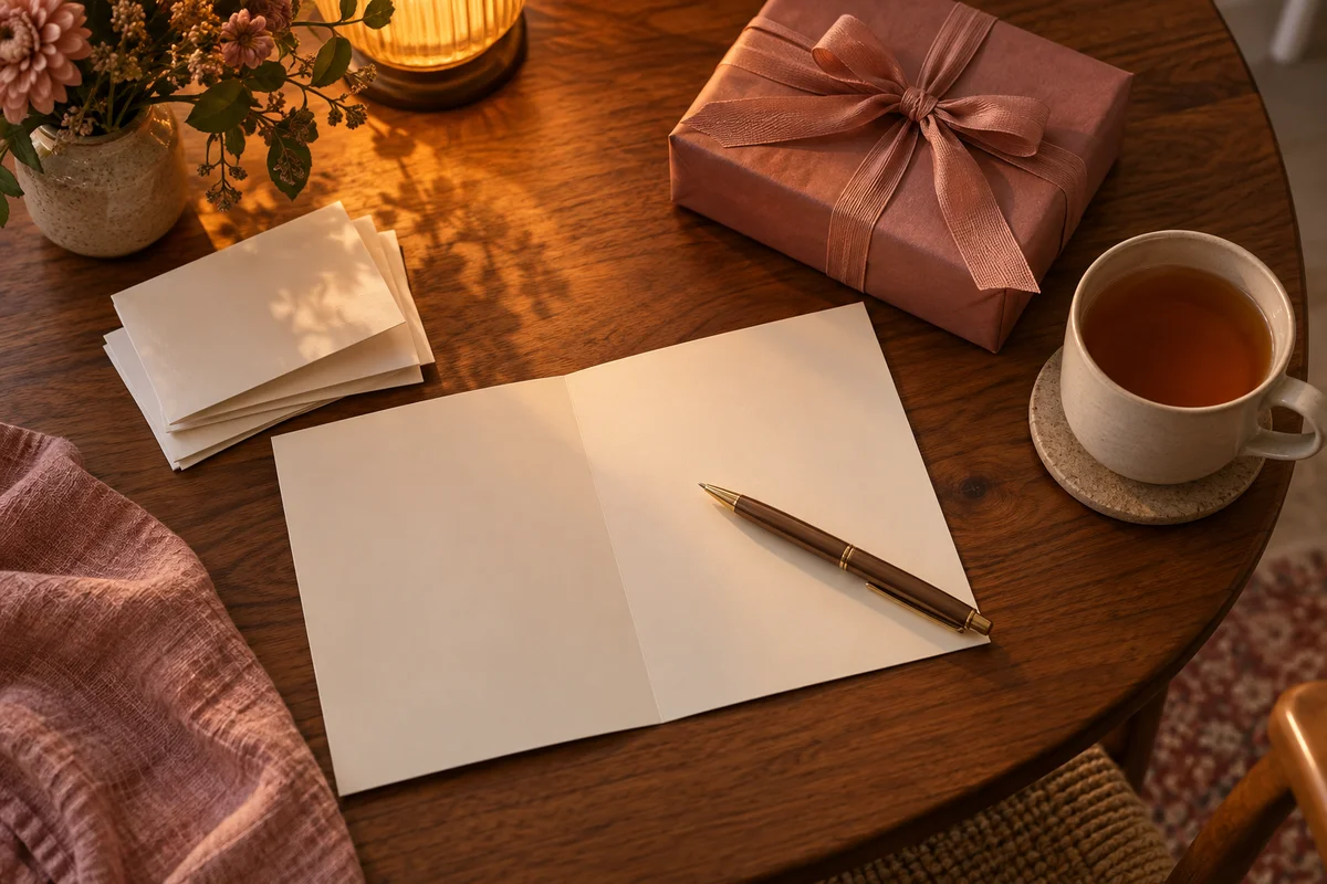 A cream card with a pen resting beside a pile of folded blank notes and a wrapped gift.