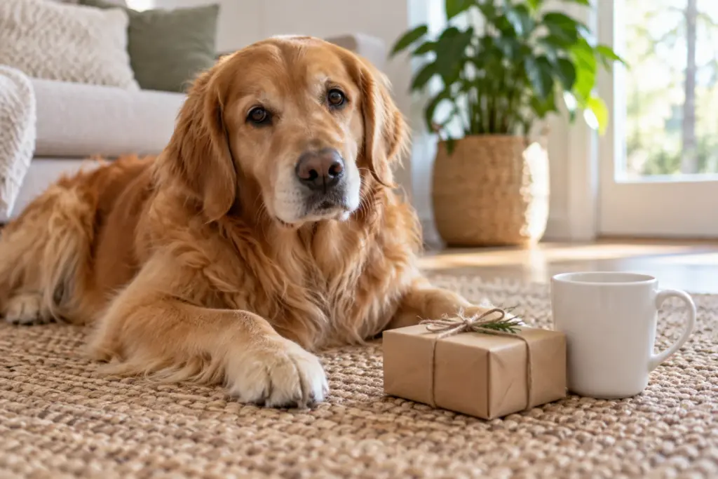 A golden dog resting beside a wrapped gift and a coffee mug on a sunny living room rug.