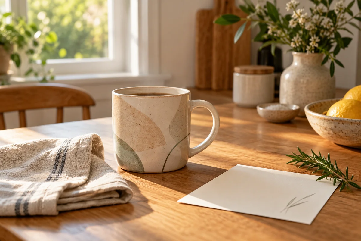 A mug on a kitchen table beside a folded napkin and a blank card.
