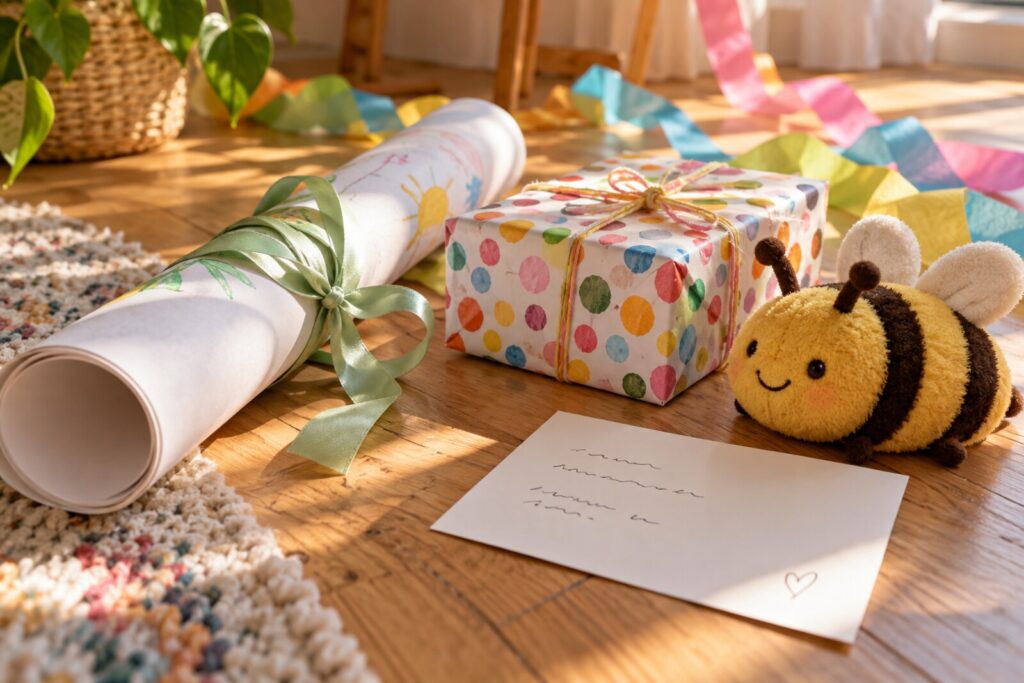 A birthday table with a wrapped gift, a poster tube and a small plush beside a handwritten card.