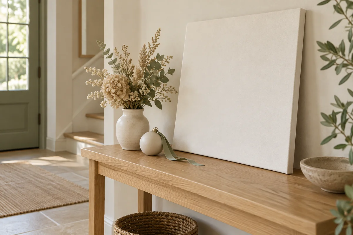 A blank entryway canvas leaning on a console table with a vase and a plain white ornament.