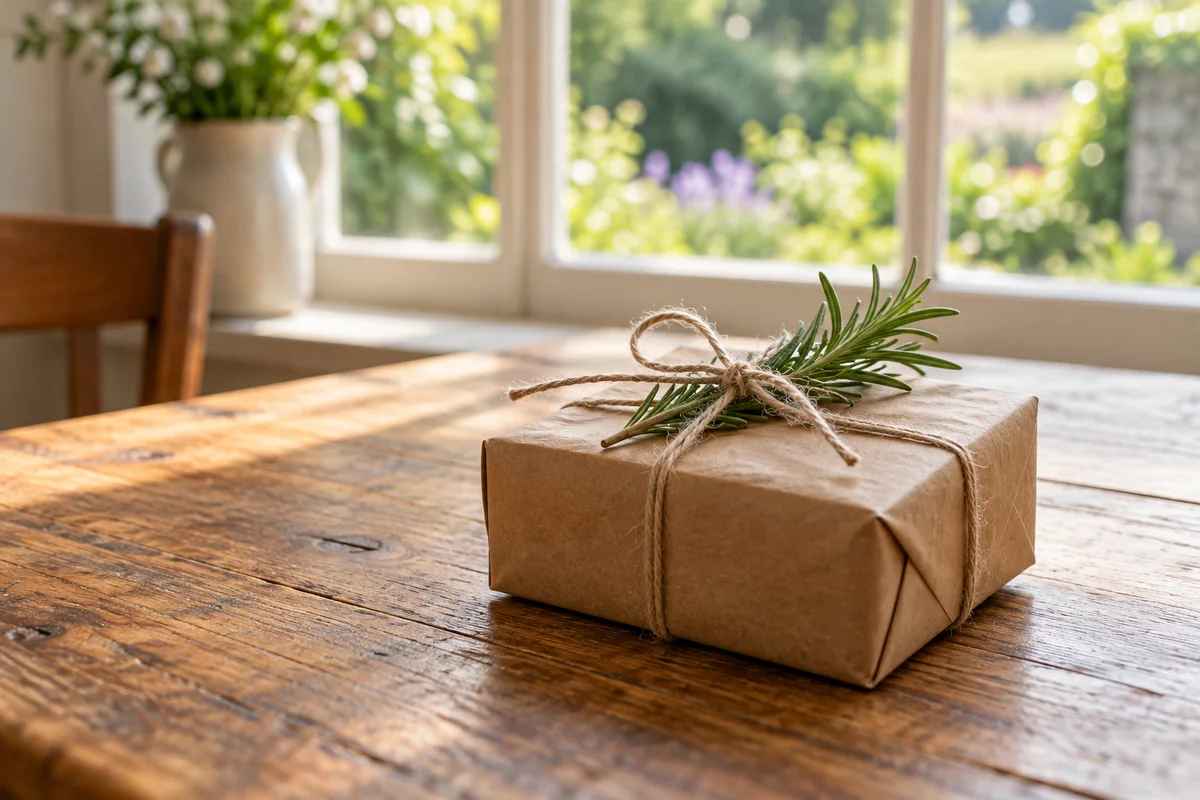 A small gift wrapped in plain paper and twine with a sprig of greenery on a bare table.