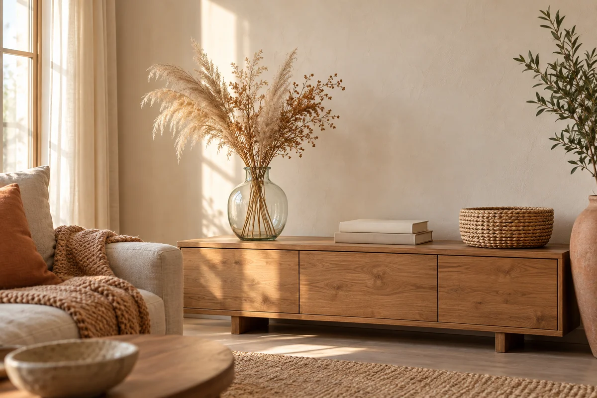 A bare cream wall above a console with a vase of dried grasses and a stack of books.