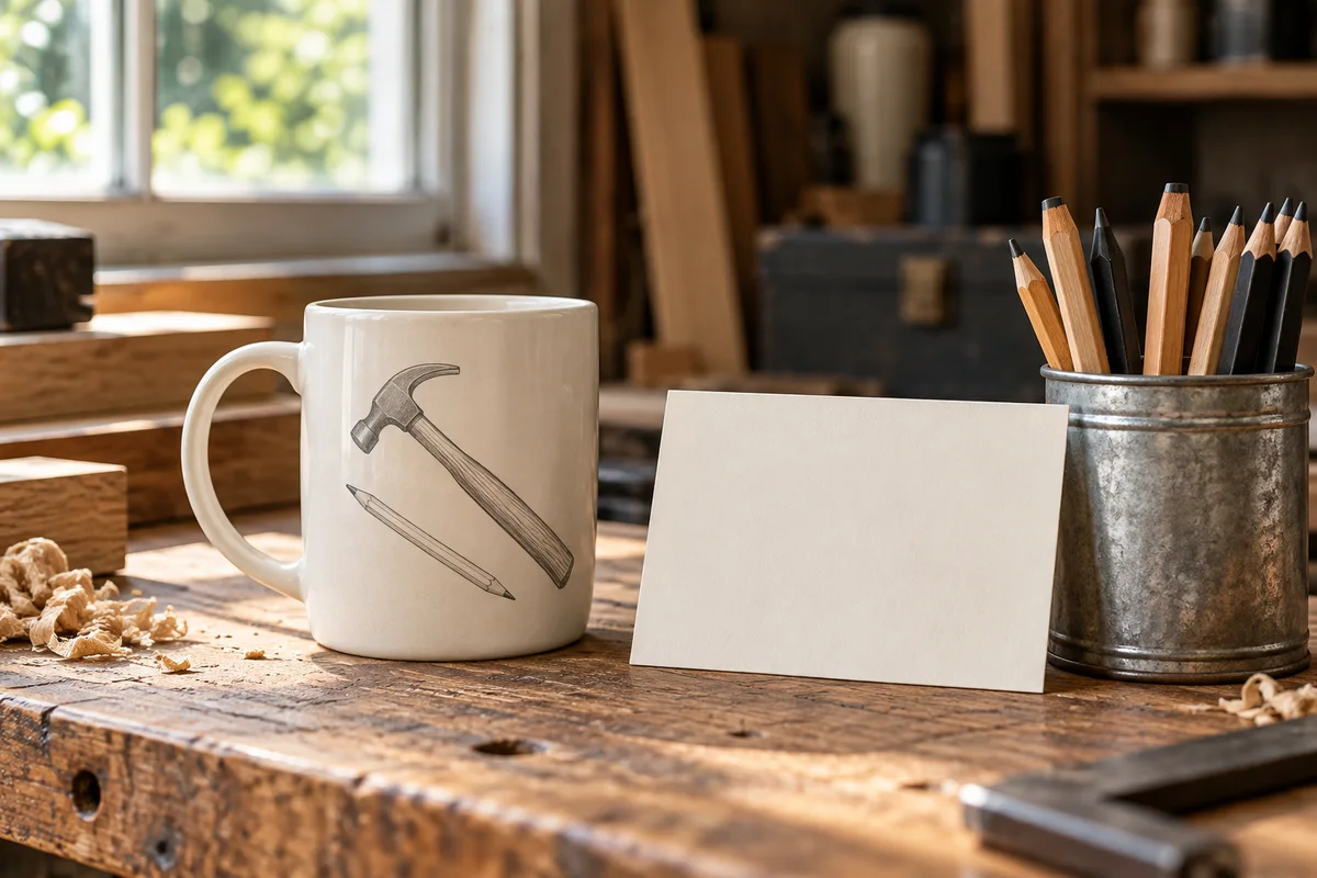 A mug and a blank card on a workbench beside a tin of pencils.