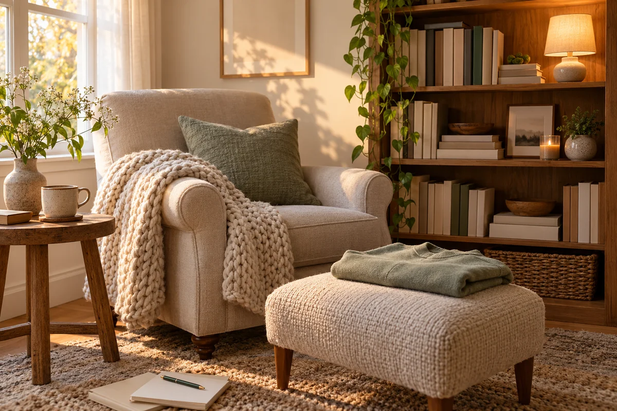 A cozy armchair with a knit throw and a sweatshirt beside a bookshelf.