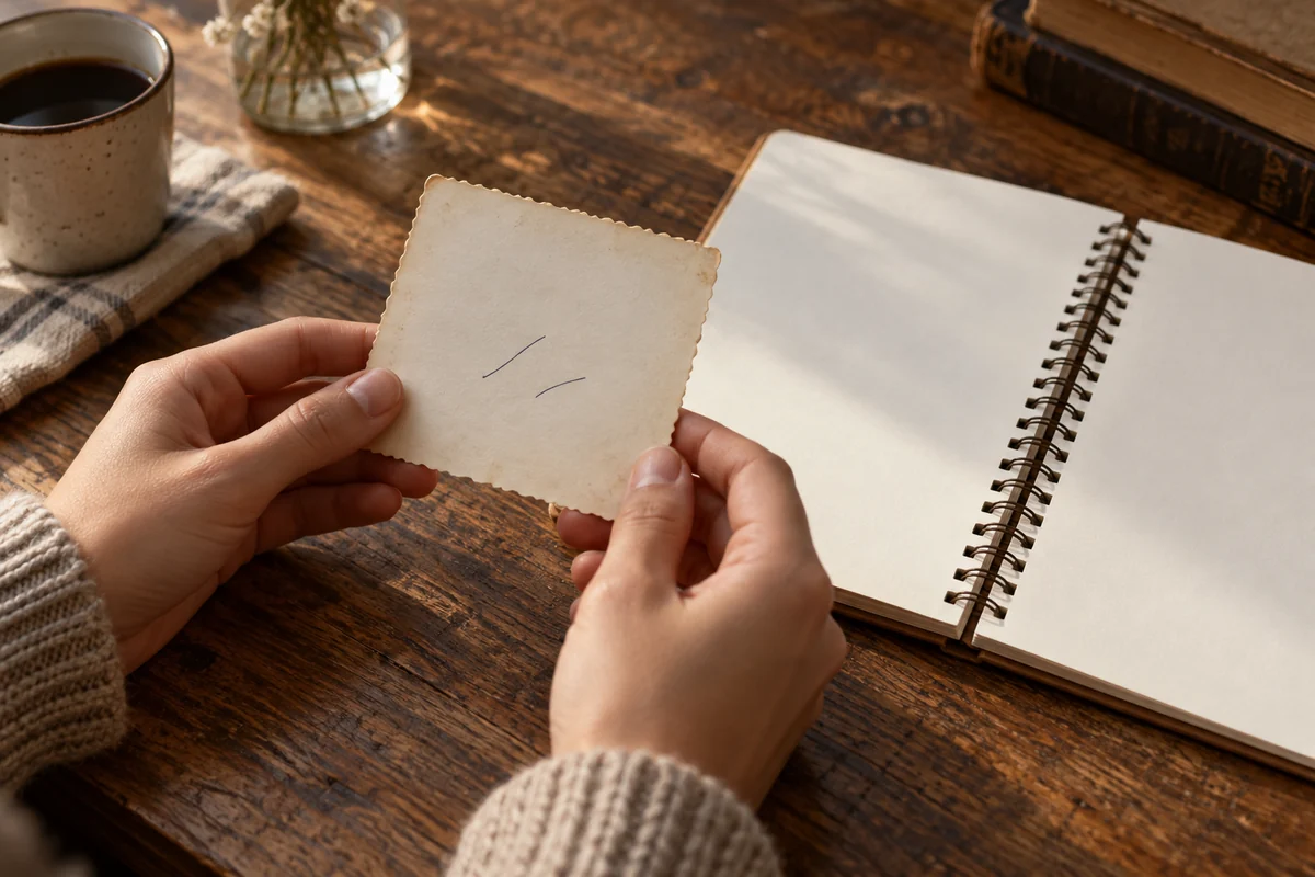 A pair of hands holding an old photo face down beside an open notebook