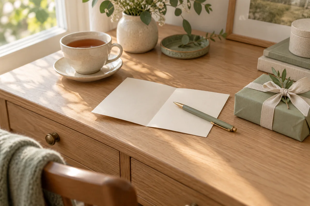 A cream card and a pen on a desk with a cup of tea and a small gift.