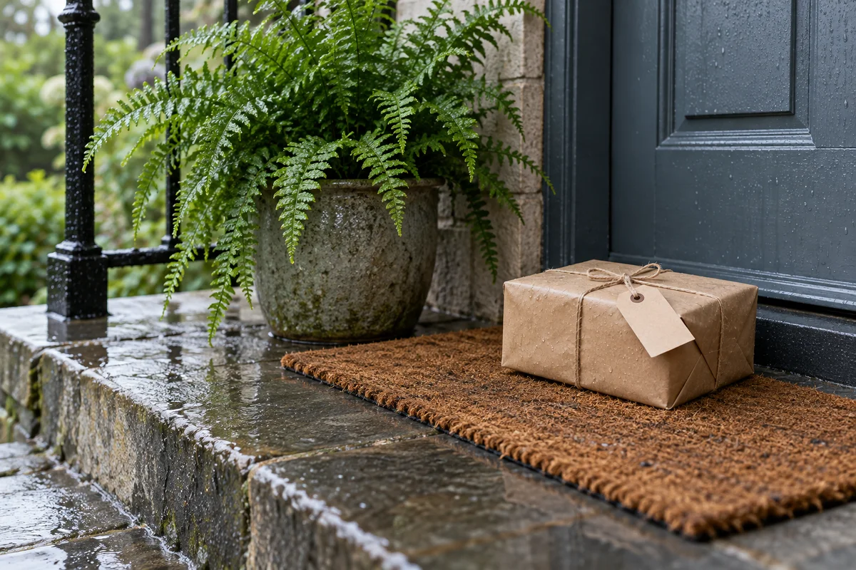 A wrapped gift with twine and a blank tag sitting on a doorstep mat beside a potted fern.