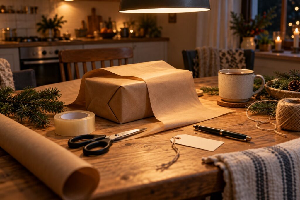 A gift being wrapped quickly at a kitchen table with paper, tape and a blank tag.