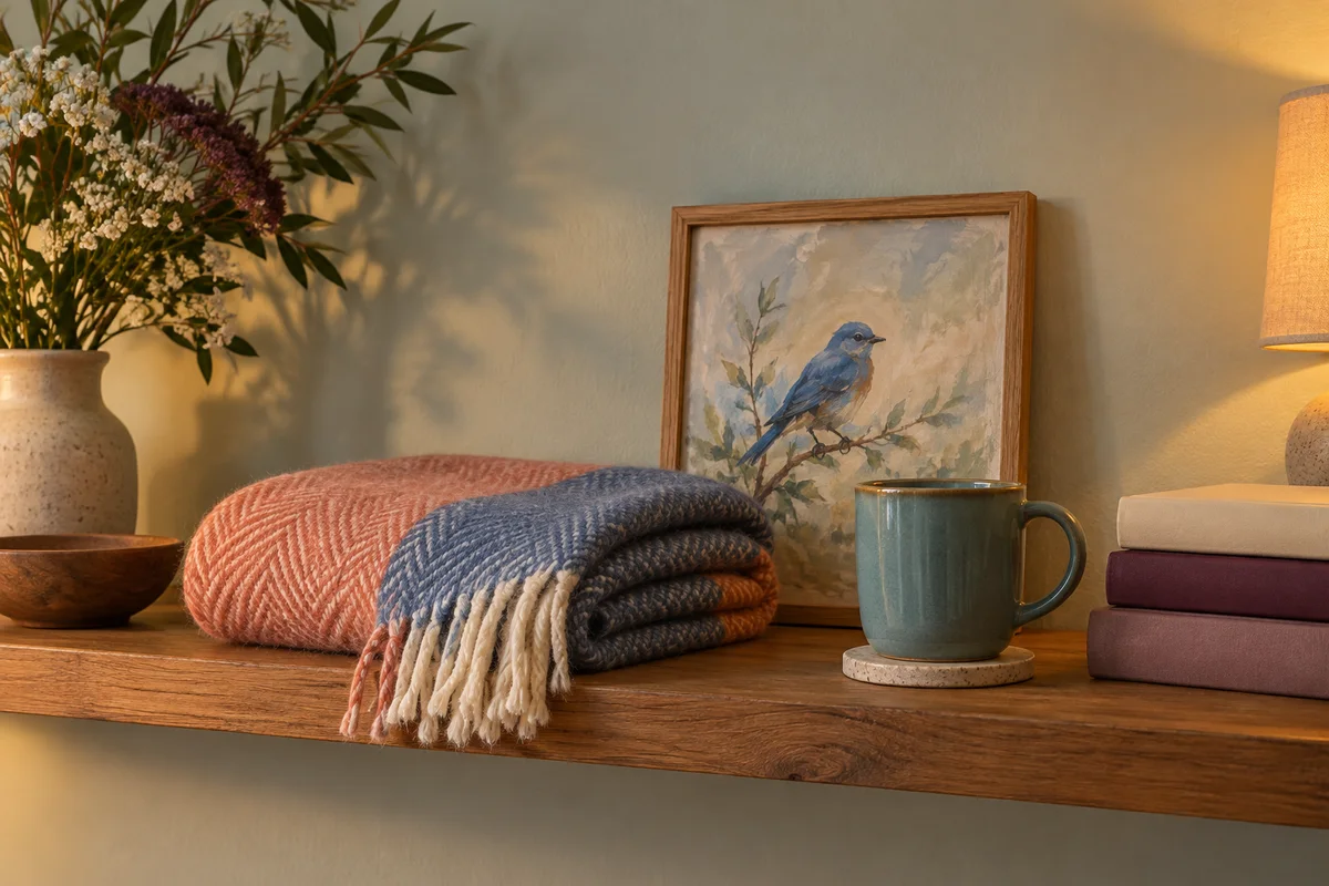 A calm shelf with a folded blanket, a small bird painting and a mug in soft evening light.