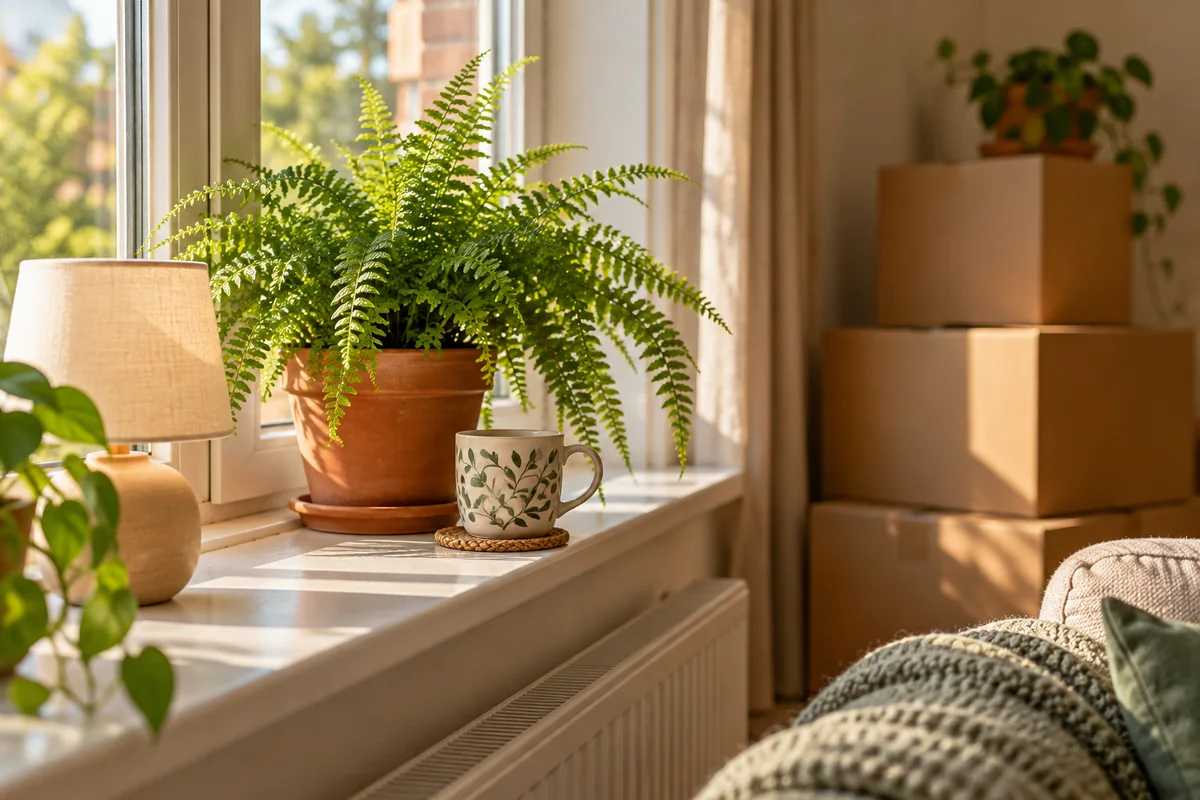 A windowsill with a potted fern, a mug and a small lamp in an unpacked room