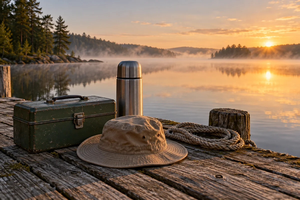 A tackle box, a fishing hat and a thermos on a dock at sunrise.