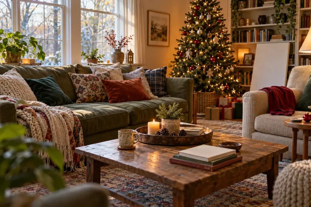 A cosy living room with a decorated tree, a coffee table with books and a blank canvas leaning behind an armchair.