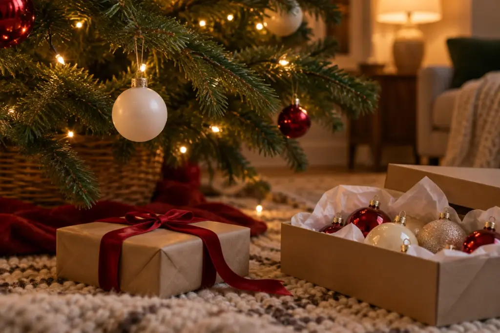 A plain white ornament and a small wrapped gift beside a lit tree with warm lights.